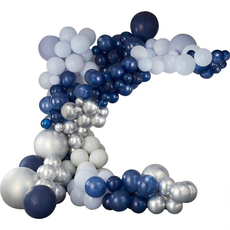 Luxe Silver, Navy & Blue Balloon Arch Kit with 200 balloons for stunning party decor, featuring various sizes and colors.