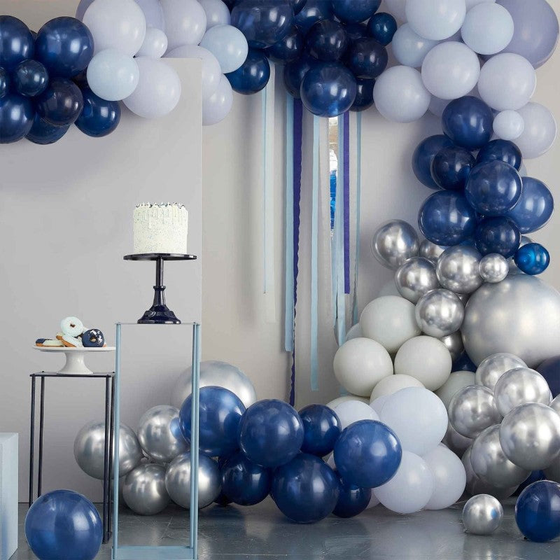 Luxe Silver, Navy & Blue Balloon Arch Kit with 200 balloons for stunning event decor, perfect for celebrations and easy assembly.
