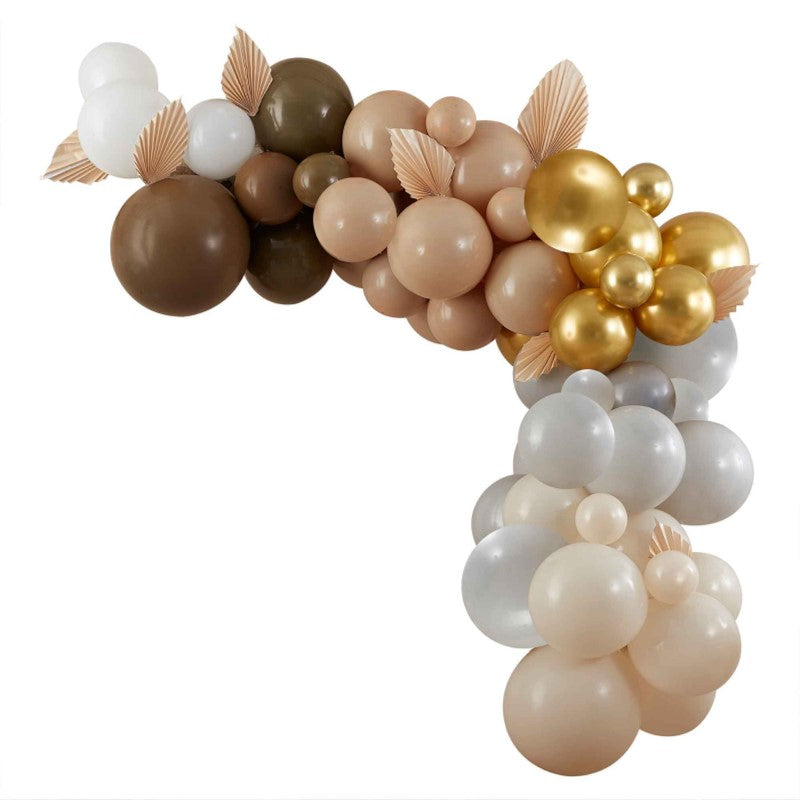 Elegant taupe, brown, and nude balloon arch kit with 75 balloons and decorative fans for stylish celebrations.