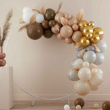 Elegant taupe, brown, and nude balloon arch kit with 75 balloons and decorative fans for stylish celebrations.