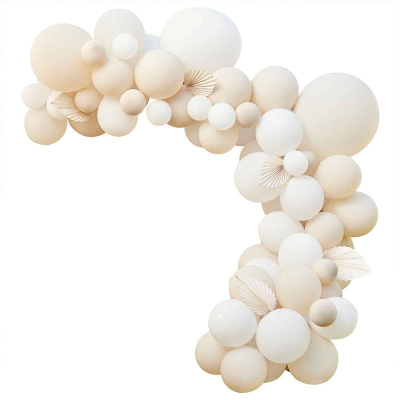 Nude and white balloon arch pack with 80 balloons and 5 cream paper fans for elegant event decoration.