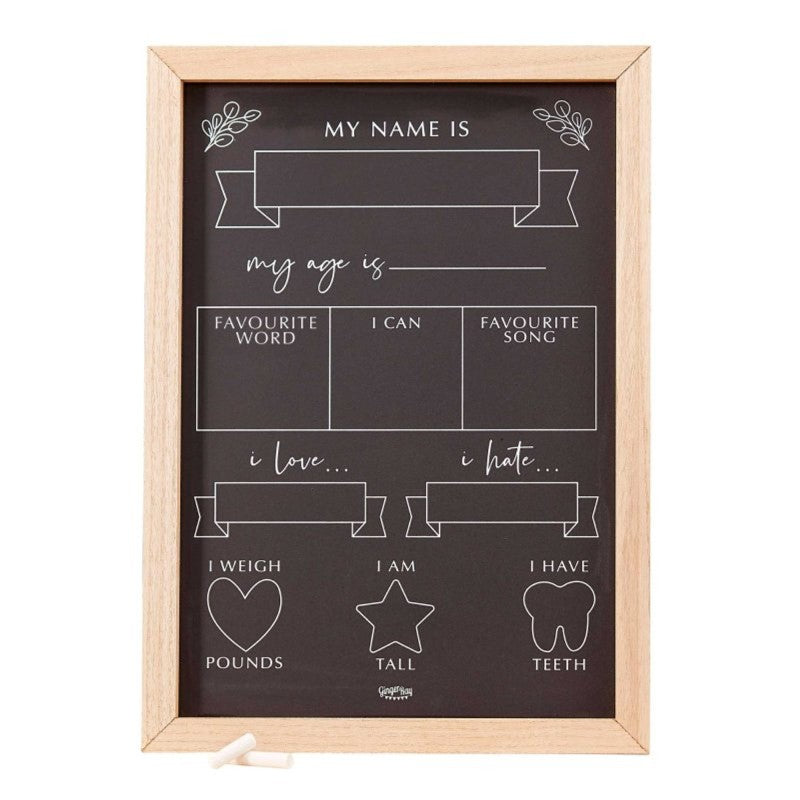 Botanical Baby Milestone Tracker Chalkboard, 30x42cm, includes 3 chalk pieces for documenting baby’s milestones.