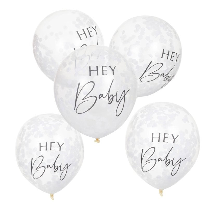 Pack of 5 Botanical Baby Hey Baby 12-inch confetti balloons in pastel colors, perfect for baby showers and gender reveals.