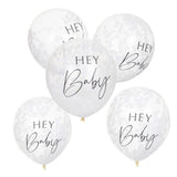 Pack of 5 Botanical Baby Hey Baby 12-inch confetti balloons in pastel colors, perfect for baby showers and gender reveals.