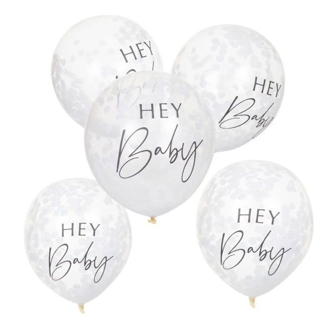 Pack of 5 Botanical Baby Hey Baby 12-inch confetti balloons in pastel colors, perfect for baby showers and gender reveals.
