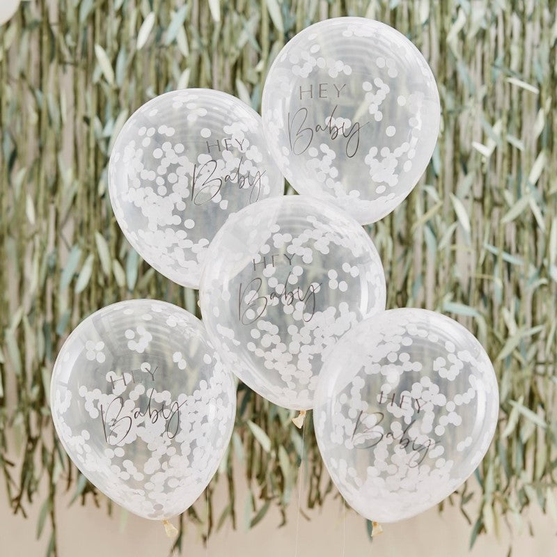 Pack of 5 Botanical Baby Hey Baby 12-inch confetti balloons in pastel colors, perfect for baby showers and gender reveals.