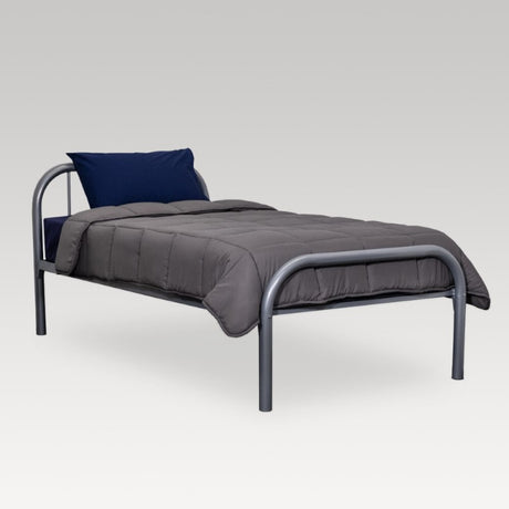 Charcoal quilt for queen beds, made from 400gsm recycled microfiber, hypo-allergenic, stylish with square pattern.