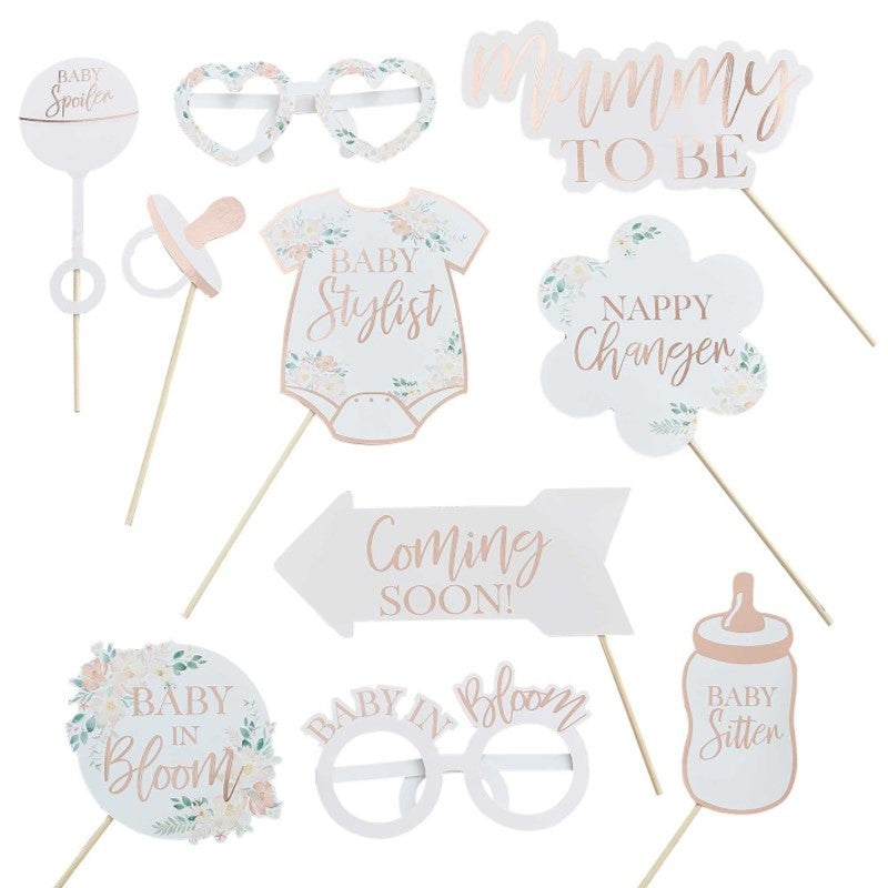 Baby in Bloom Rose Gold Photobooth Props Pack of 10 for chic baby shower memories.