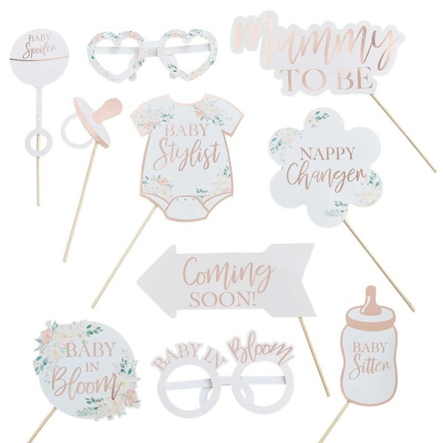 Baby in Bloom Rose Gold Photobooth Props Pack of 10 for chic baby shower memories.