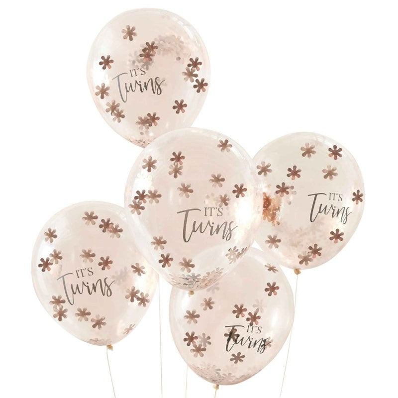 Pack of 5 rose gold 'It's Twins' latex balloons with confetti, perfect for twin baby showers or gender reveal celebrations.