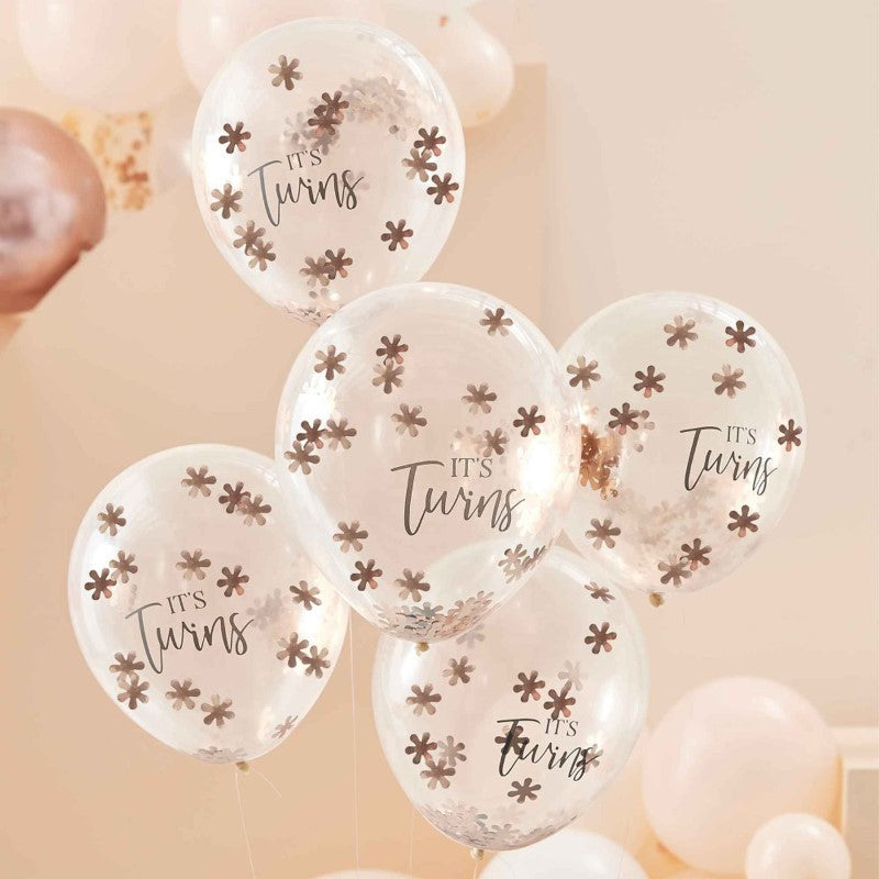 Pack of 5 rose gold 'It's Twins' latex balloons with confetti, perfect for twin baby showers and gender reveal parties.