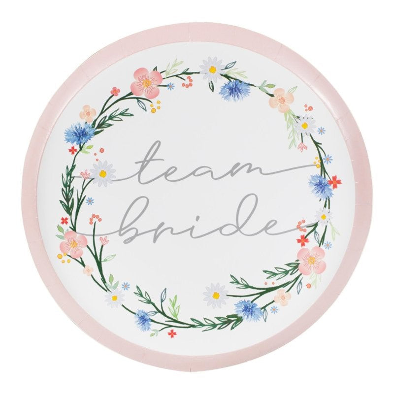 Boho Bride 25cm paper plates with floral design, ideal for hens parties and bridal showers, pack of 8.