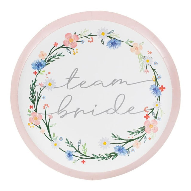 Boho Bride 25cm paper plates with floral design, ideal for hens parties and bridal showers, pack of 8.