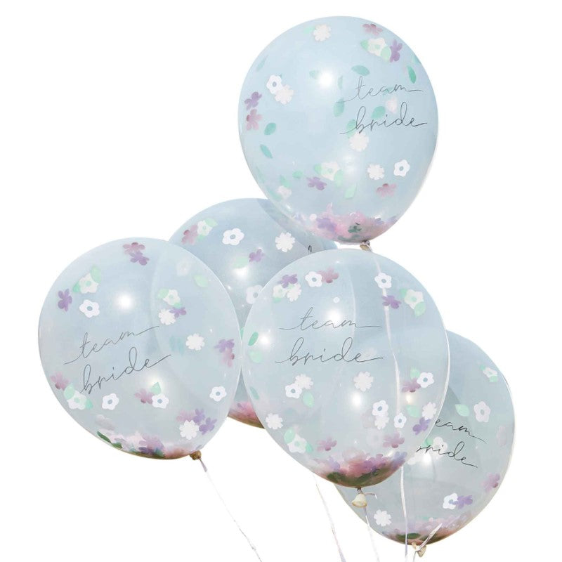 Pack of 5 elegant 12" Team Bride balloons filled with colorful flower confetti for a stylish hens party.