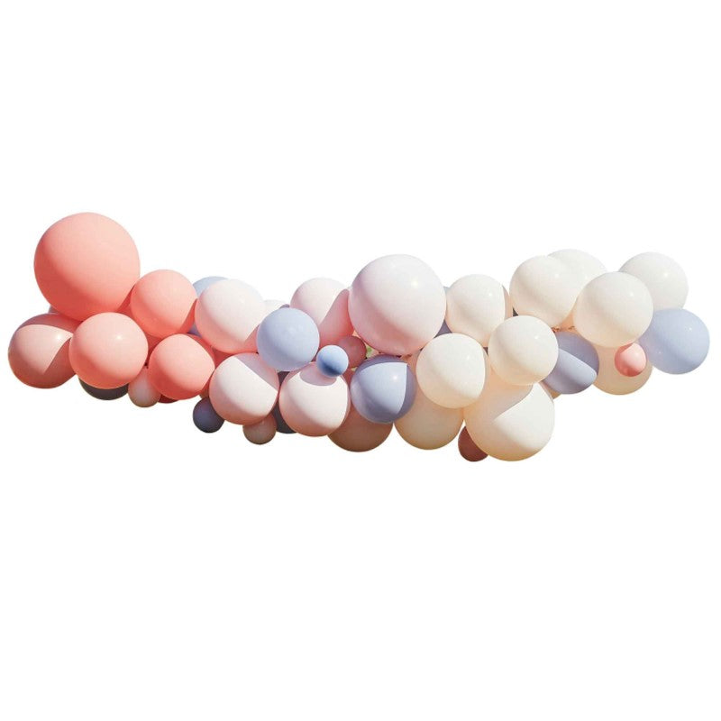 Blush, nude, and blue balloon arch kit with 60 vibrant latex balloons for a stunning hens party backdrop.