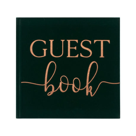 Green velvet guest book with bronze foil accents, featuring 32 blank pages for heartfelt messages, ideal for weddings.