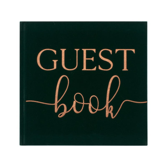 Green velvet guest book with bronze foil accents, featuring 32 blank pages for heartfelt messages, ideal for weddings.
