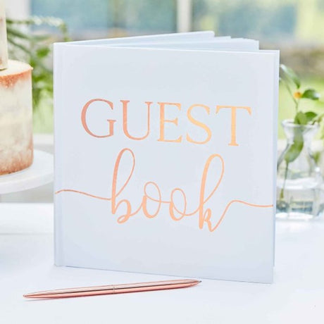 Botanical Rose Gold Foil Wedding Guest Book, 22cm, 32 blank pages for guests’ messages, elegant floral design.