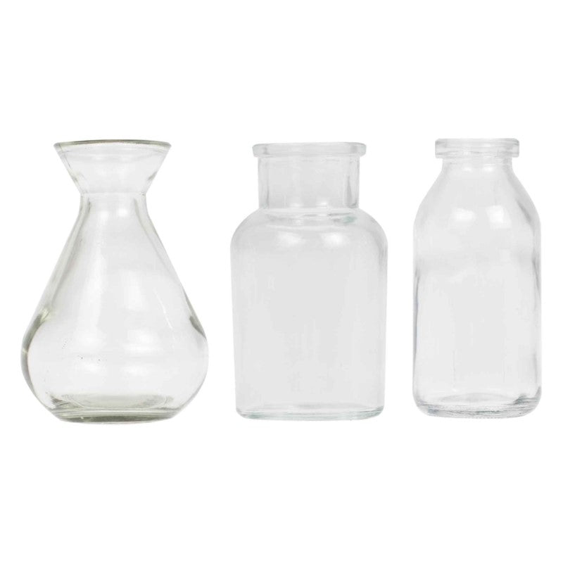 Set of 3 glass wedding vases, each 10cm high, perfect for simple botanical decorations.
