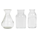 Set of 3 glass wedding vases, each 10cm high, perfect for simple botanical decorations.