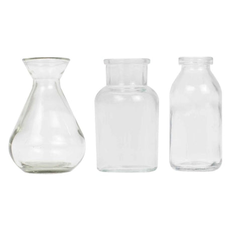 Set of 3 glass wedding vases, each 10cm high, perfect for simple botanical decorations.