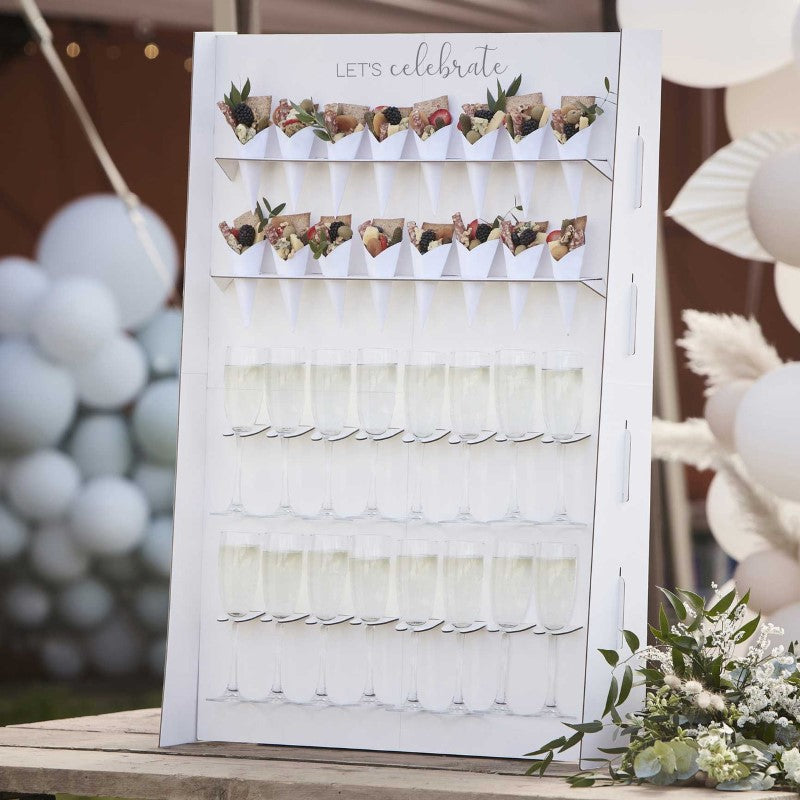 Botanical wedding grazing stand card canape wall, 95cm tall by 64cm wide, holds 16 drinks and treats elegantly.