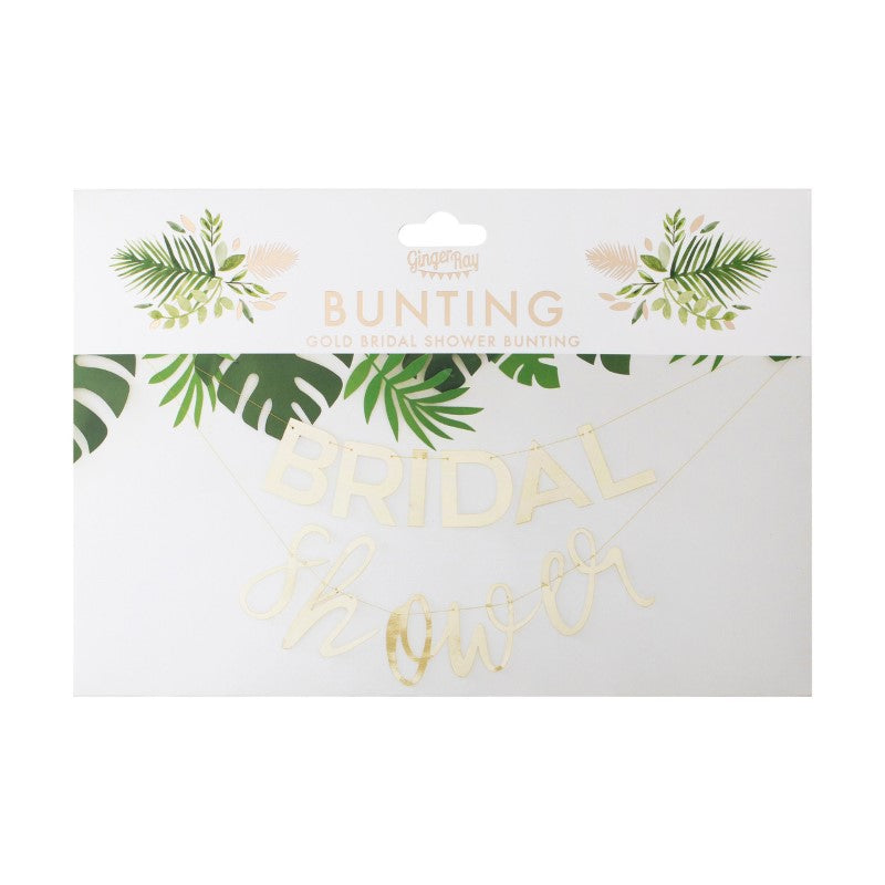 Gold 'Bridal Shower' bunting banner by Ginger Ray, 2m long, made of foiled cardboard, perfect for elegant party decor.