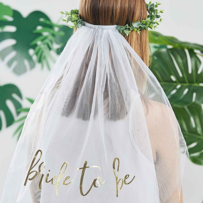 Eucalyptus bridal crown with veil, 70cm, featuring gold foiled print and floral design, perfect for hen parties.