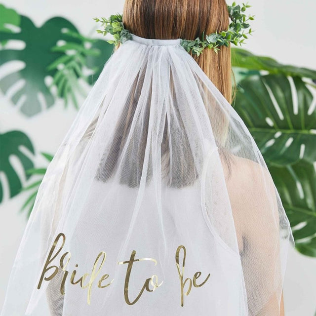 Eucalyptus bridal crown with veil, 70cm, featuring gold foiled print and floral design, perfect for hen parties.