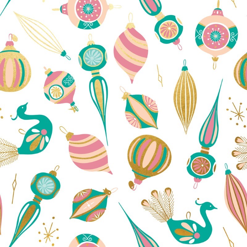 Wrapping Paper - Vintage Xmas Baubles Wrap Pink Peach Jade Gold
