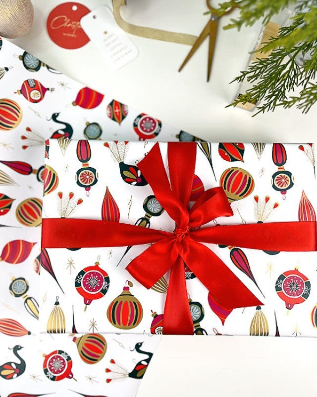 Wrapping Paper - Vintage Xmas Baubles Wrap Raspberry Red Green Gold