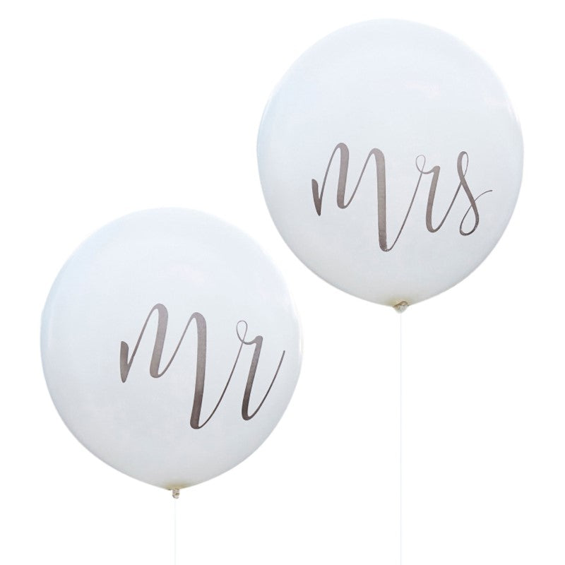 Oversized 36-inch rustic 'Mr' and 'Mrs' balloons for elegant wedding decor and memorable celebrations.