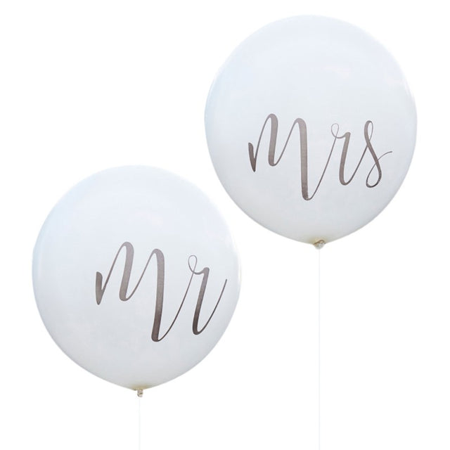 Oversized 36-inch rustic 'Mr' and 'Mrs' balloons for elegant wedding decor and memorable celebrations.