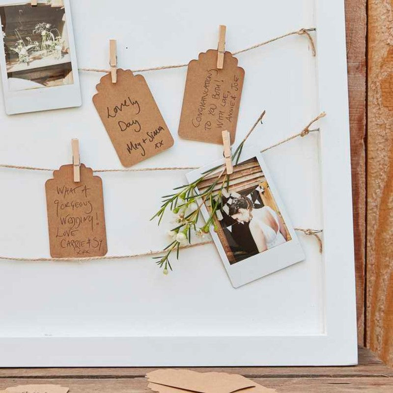Rustic Country Guest Book Frame with pegs and twine for heartfelt messages, perfect for weddings and celebrations.