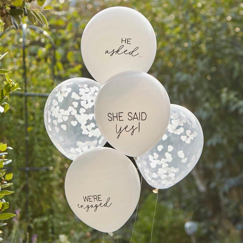 Engaged Balloon Bundle Confetti & Printed White 12" - Pack of  5