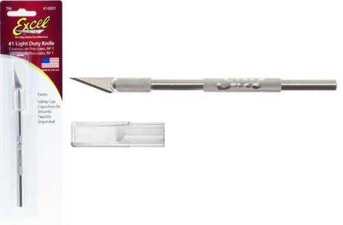 Excel #1 Hobby Knife with safety cap, featuring replaceable #11 blades for precision cutting on various materials.