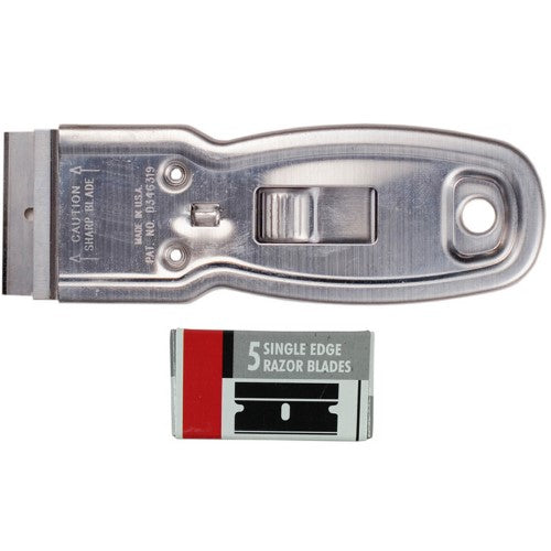 Retractable glass scraper with metal frame and rust-resistant coating, ideal for removing old paint and decals.