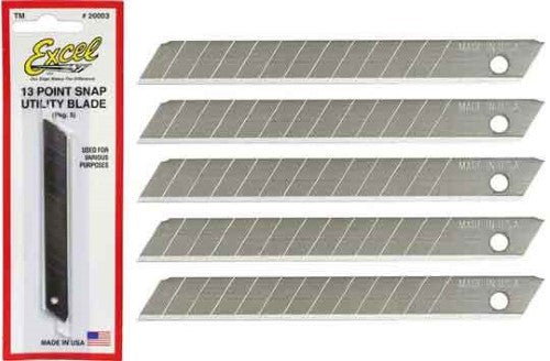 Five 9mm snap-off blades with 13-point design, ideal for precision cutting in crafting projects.