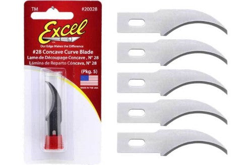 Excel #2 Concave Blades B28, 5-pack, carbon steel blades for precise shaping and carving in various materials.