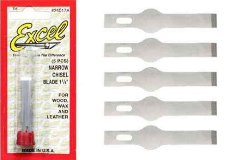Precision carbon steel narrow chisel blade for intricate cuts in model making and crafting, fits standard X-Acto knife handles.