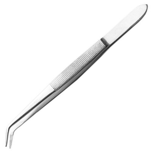 6-inch curved pointed stainless steel tweezers with ribbed grip, perfect for precision tasks in jewelry and electronics.