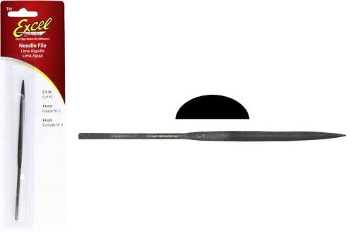 Half round needle file for precise carving and smoothing in wood, metal, and plastic; ergonomic and lightweight design.