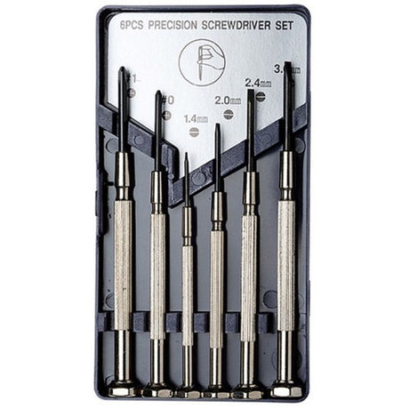 6-piece jewellers screwdriver set with rust-proof alloy-steel shafts and swivel-head handles in a portable case.