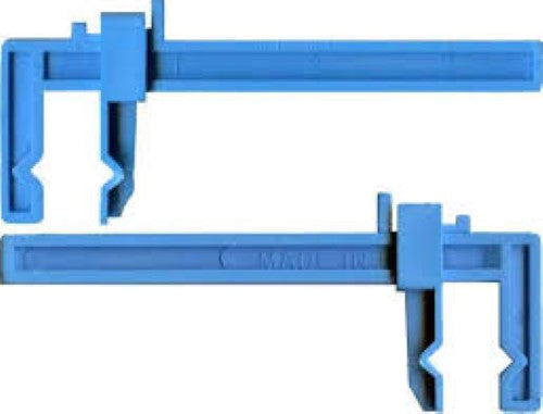 Set of 2 small plastic clamps for secure holding, featuring inch-marked beams and notched jaws for precise crafting and assembly.