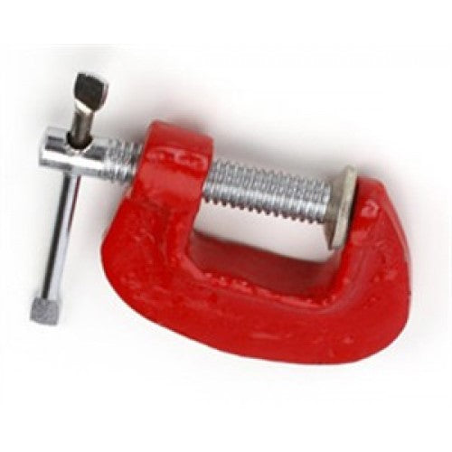 Vivid red iron C clamp with smooth screw, ideal for woodworking and crafts, featuring 1-inch throat depth and easy twist mechanism.