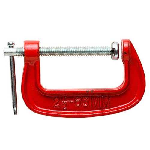 Vivid red 75mm metal 'G' clamp with smoothed screw for easy gripping and pressure distribution.