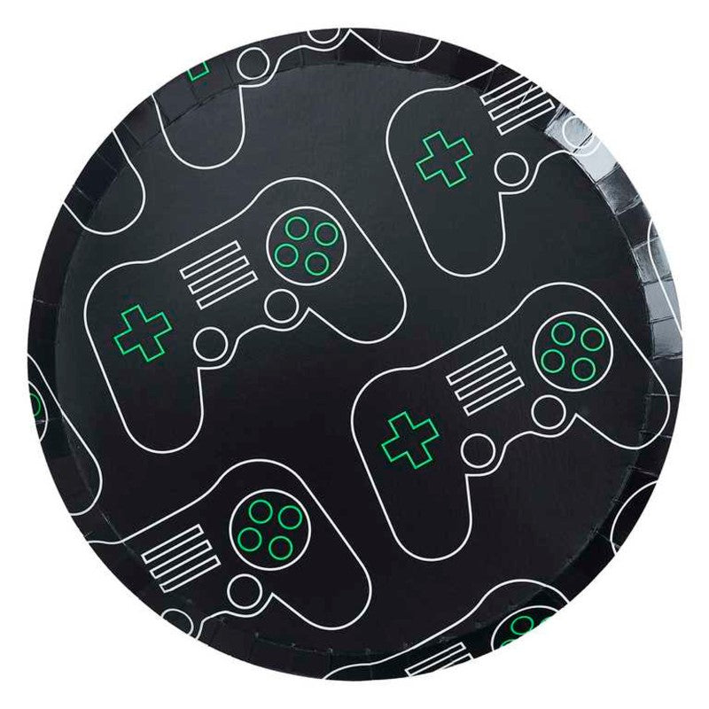 Game controller paper plates with green highlights, 25cm, pack of 8, perfect for gaming-themed parties.