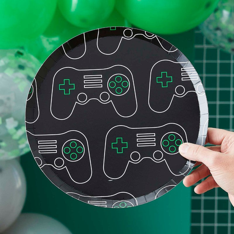 Game controller themed paper plates with green accents, 25cm, pack of 8, ideal for gaming parties.