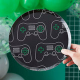 Game controller themed paper plates with green accents, 25cm, pack of 8, ideal for gaming parties.