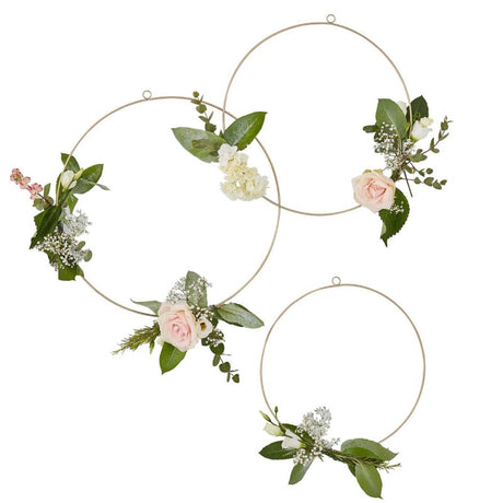 Set of 3 gold wedding floral hoops in 12", 14", and 16" for elegant floral arrangements and decor.